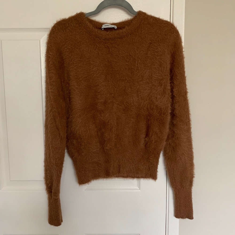 Zara Brown Fuzzy Crew Neck Sweater